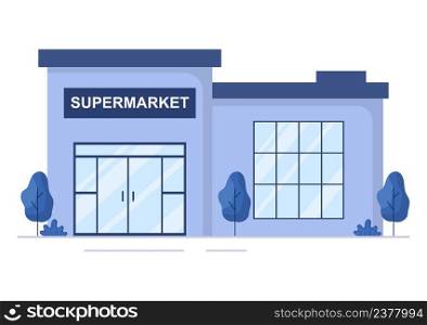 Supermarket Building with Shelves, Grocery Items and Full Shopping Cart, Retail, Products and Consumers in Flat Cartoon Background Illustration