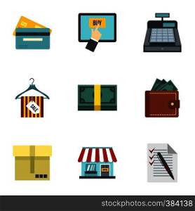 Supermarket buying icons set. Flat illustration of 9 supermarket buying vector icons for web. Supermarket buying icons set, flat style
