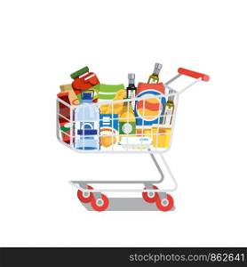 Supermarket Cart or Trolley Full of Food Products and Drinks Flat Vector Illustration Isolated on White Background. Modern Grocery Store, Food Shop or Supermarket Goods Assortment. Shopping Concept