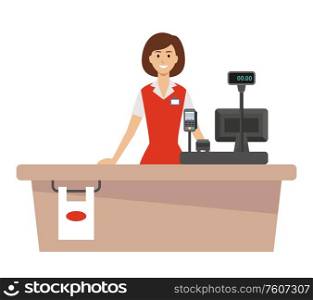 Supermarket cash desk and woman cashier. Vector flat illustration.