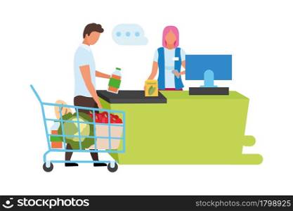 Supermarket checkout semi flat color vector characters. Full body people on white. Woman dealing with customer isolated modern cartoon style illustration for graphic design and animation. Supermarket checkout semi flat color vector characters