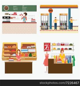 Supermarket, coffee shop, oil station and clothing shop with customer services isolated on white, conceptual vector illustration.