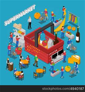 Supermarket Concept Composition . Supermarket isometric concept composition with people and basket vector illustration