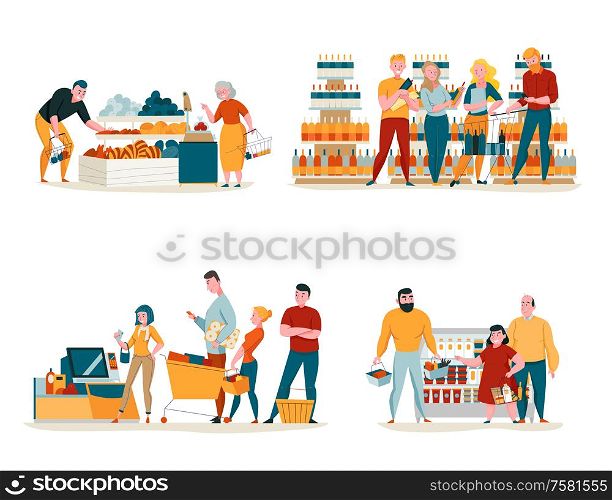 Supermarket concept icons set with shopping symbols flat isolated vector illustration