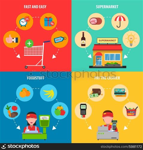 Supermarket Concept Set. Supermarket concept set with foodstuff and cashier flat icons isolated vector illustration