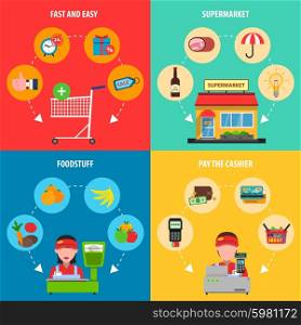 Supermarket Concept Set. Supermarket concept set with foodstuff and cashier flat icons isolated vector illustration