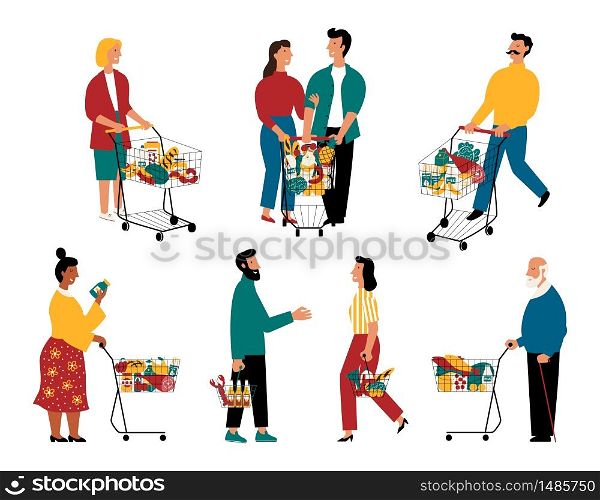 Supermarket customers, cartoon characters. Men and women with shopping carts at grocery store. Buyers with baskets full of food in retail shop. Vector flat illustration, isolated on white.