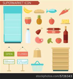 Supermarket decorative icon flat set with food items and store shelves isolated vector illustration