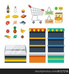 Supermarket Decorative Icons Collection. Supermarket flat decorative icons collection with food products shopping cart store shelves paper bag isolated vector illustration