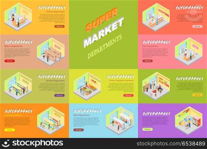 Supermarket Departments Banners Set. Store Shop. Supermarket departments banners set. Cheese, bakery, alcoholic, juices, fruits and vegetables, milk, meat, fish store shop web banners. Collection of mall departments in flat style design. Vector