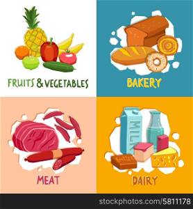 Supermarket design concept set with bakery meat dairy fruits and vegetables isolated vector illustration. Supermarket design concept