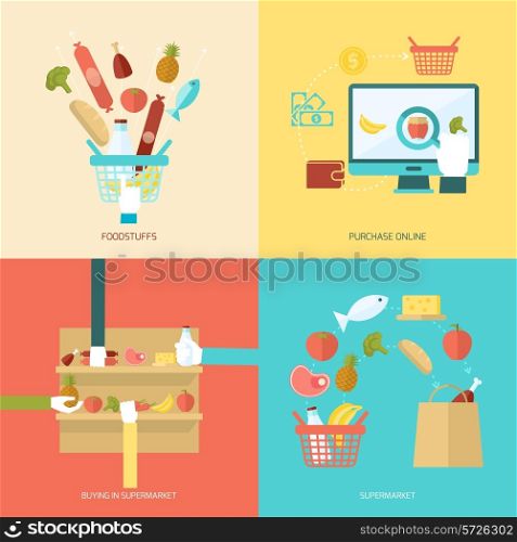 Supermarket design concept set with foodstuff online purchase buy flat icons isolated vector illustration