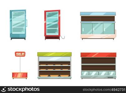 Supermarket Displays Racks Shelves Icons Set. Supermarket and grocery stories display racks aisle refrigerator and sale stand retro cartoon icons collection isolated vector illustration