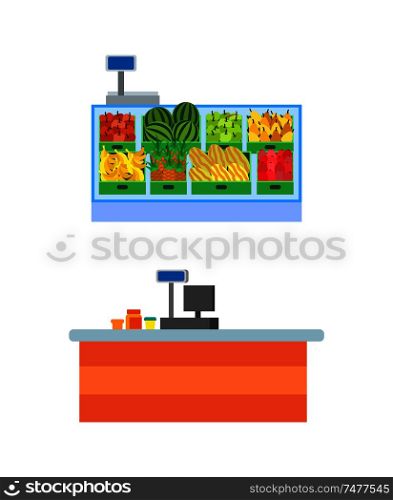 Supermarket empty seller counters and desks of cashier vector. Shelves with fruits in boxes, watermelon and pineapples, melons and pears showcase. Supermarket Empty Seller Counters and Desks Vector