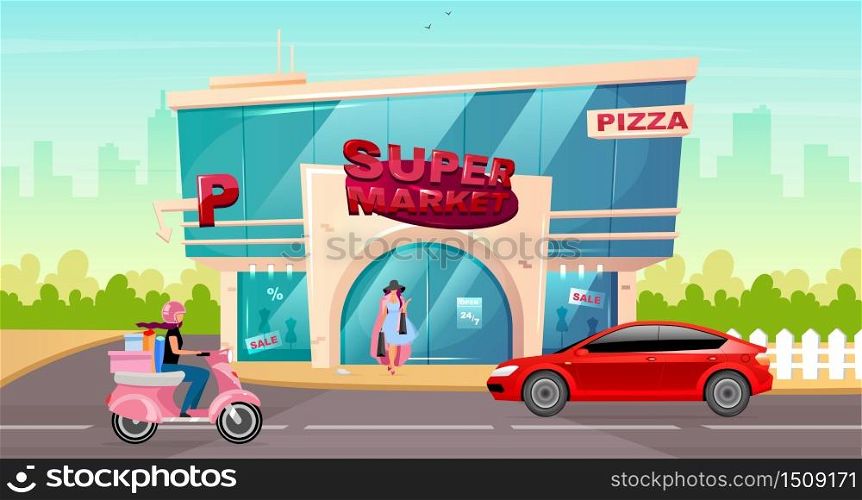 Supermarket entrance in city center flat color vector illustration. Woman walk outside mall. Shop front. Road with car near hypermarket. Modern 2D cartoon cityscape with sidewalk on background