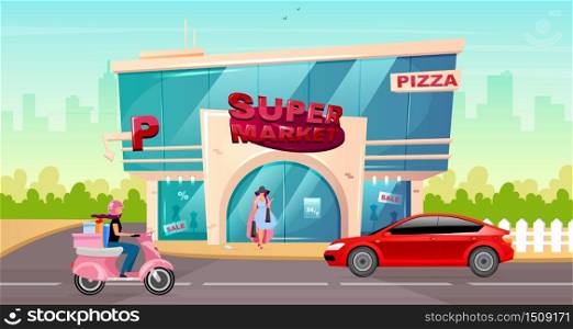 Supermarket entrance in city center flat color vector illustration. Woman walk outside mall. Shop front. Road with car near hypermarket. Modern 2D cartoon cityscape with sidewalk on background