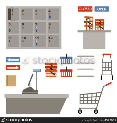 Supermarket equipment. Shopping basket, empty shelfs, left-luggage. Shopping, market shop. Vector