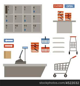 Supermarket equipment. Shopping basket, empty shelfs, left-luggage. Shopping, market shop. Vector