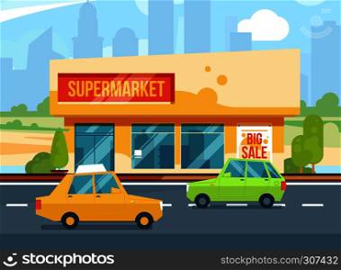 Supermarket exterior. Modern urban buildings, Cityscape with mall. Parking with cars. Vector illustration set. Building exterior, supermarket, urban store market. Supermarket exterior. Modern urban buildings, Cityscape with mall. Parking with cars. Vector illustration set