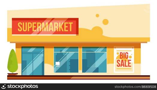 Supermarket facade in cartoon style. Urban store front isolated on white background. Supermarket facade in cartoon style. Urban store front