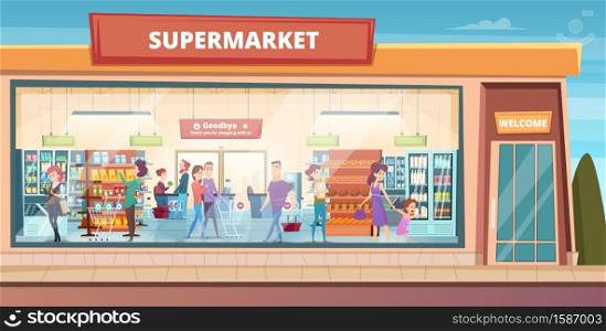 Supermarket facade. People shopping in product hypermarket grocery food store with male and female buyers vector background. Hypermarket and supermarket, shopping store with people illustration. Supermarket facade. People shopping in product hypermarket grocery food store with male and female buyers vector background