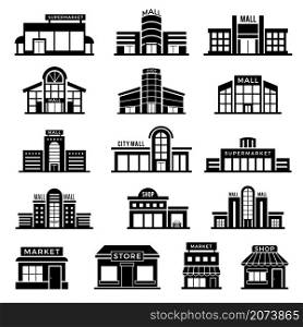 Supermarket facade. Retail shop exterior commercial mall buildings recent vector icons collection of store. Retail exterior building, storefront boutique, structure architecture illustration. Supermarket facade. Retail shop exterior commercial mall buildings recent vector icons collection of store
