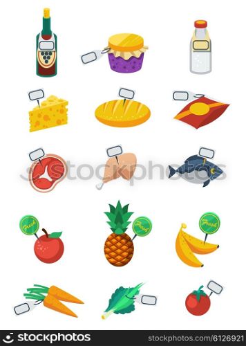 Supermarket Flat Color Icons Set . Supermarket flat color decorative icons set of food products and price tags with vegetables fruits meat dairy and bakery products isolated vector illustration