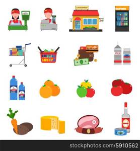 Supermarket flat icons set with groceries cash register and money isolated vector illustration. Supermarket Icons Set