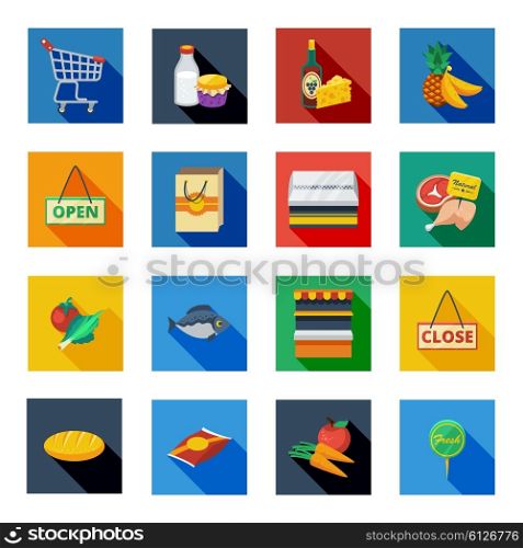 Supermarket Flat Shadow Icons In Colorful Squares. Supermarket flat shadow icons in isolated colorful squares with food products paper bag open and close signs vector illustration