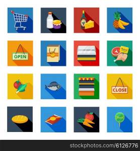 Supermarket Flat Shadow Icons In Colorful Squares. Supermarket flat shadow icons in isolated colorful squares with food products paper bag open and close signs vector illustration