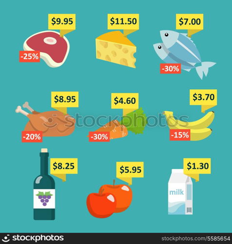 Supermarket food and drink selection icons set with price tags and discount labels flat vector illustration