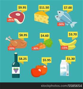 Supermarket food and drink selection icons set with price tags and discount labels flat vector illustration