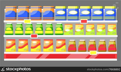 Supermarket food and ingredients assortment. Package with meal in refrigerator on shelf. Shopping in groceries department. Buying products in container with emblems. Vector in flat style illustration. Row with Products in Containers on Fridge Shelf