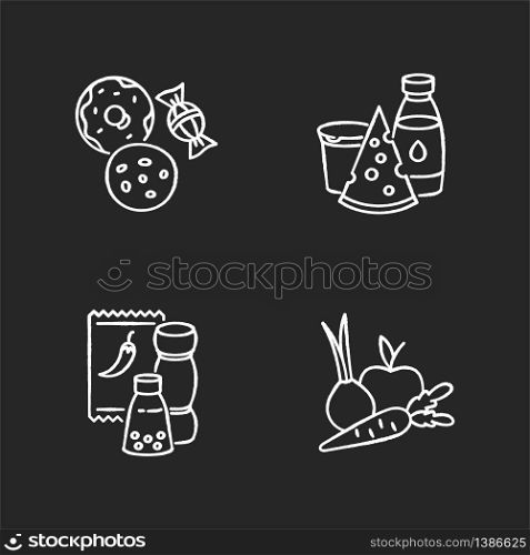Supermarket food chalk white icons set on black background. Candy and cookies. Dairy products. Condiments for cooking. Fresh vegetables and fruits. Isolated vector chalkboard illustrations. Supermarket food chalk white icons set on black background