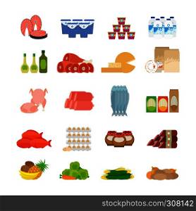 Supermarket food flat icons. Dairy products and olive oil, fish and meat on white background. Supermarket food flat icons