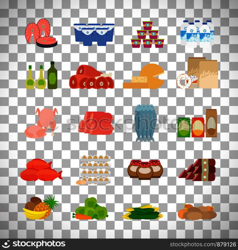 Supermarket food flat icons isolated on transparent background. Vector illustration. Supermarket food icons on transparent background