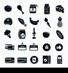 Supermarket food grocery items and symbols icons or stickers set isolated vector illustration