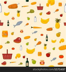 Supermarket food items seamless background of fresh and natural vegetables fruits meat and dairy products isolated vector illustration