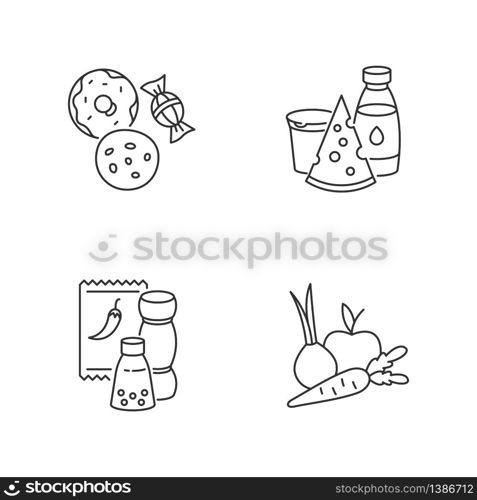 Supermarket food pixel perfect linear icons set. Candy and cookies. Peper in pack. Dairy products. Customizable thin line contour symbols. Isolated vector outline illustrations. Editable stroke. Supermarket food pixel perfect linear icons set