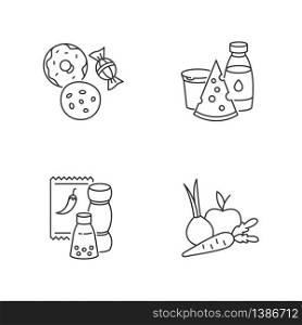 Supermarket food pixel perfect linear icons set. Candy and cookies. Peper in pack. Dairy products. Customizable thin line contour symbols. Isolated vector outline illustrations. Editable stroke. Supermarket food pixel perfect linear icons set