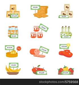 Supermarket food products with price labels icons set isolated vector illustration. Supermarket Icons Set