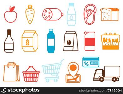 Supermarket food, selfservice and delivery icons. Grocery illustration in flat style.. Supermarket food, selfservice and delivery icons.