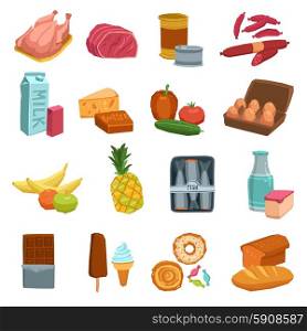 Supermarket Food Set. Supermarket food and drinks set with ham milk chicken isolated vector illustration