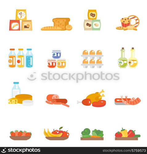 Supermarket food set with meat steak bakery eggs milk products isolated vector illustration