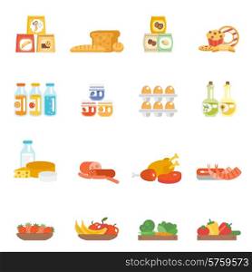 Supermarket food set with meat steak bakery eggs milk products isolated vector illustration