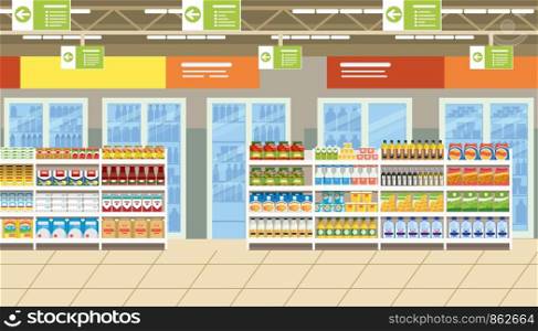 Supermarket, Food Shop or Grocery Interior Flat Vector with Shelves Full of Food Products, Snacks, Alcohol and Refrigerators with Dairy and Drinks Illustration. Groceries Goods Assortment in Store