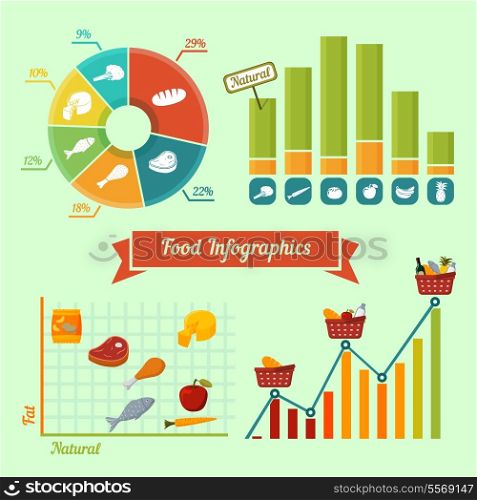 Supermarket foods infographics charts and graphs of natural and fresh products isolated vector illustration