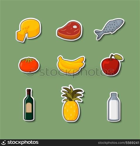 Supermarket foods items of meat fish fruits vegetables and drinks on stickers isolated vector illustration