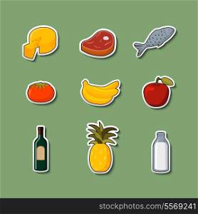 Supermarket foods items of meat fish fruits vegetables and drinks on stickers isolated vector illustration
