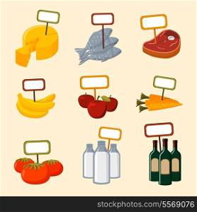 Supermarket foods items of meat fish fruits vegetables and drinks with blank signs isolated vector illustration